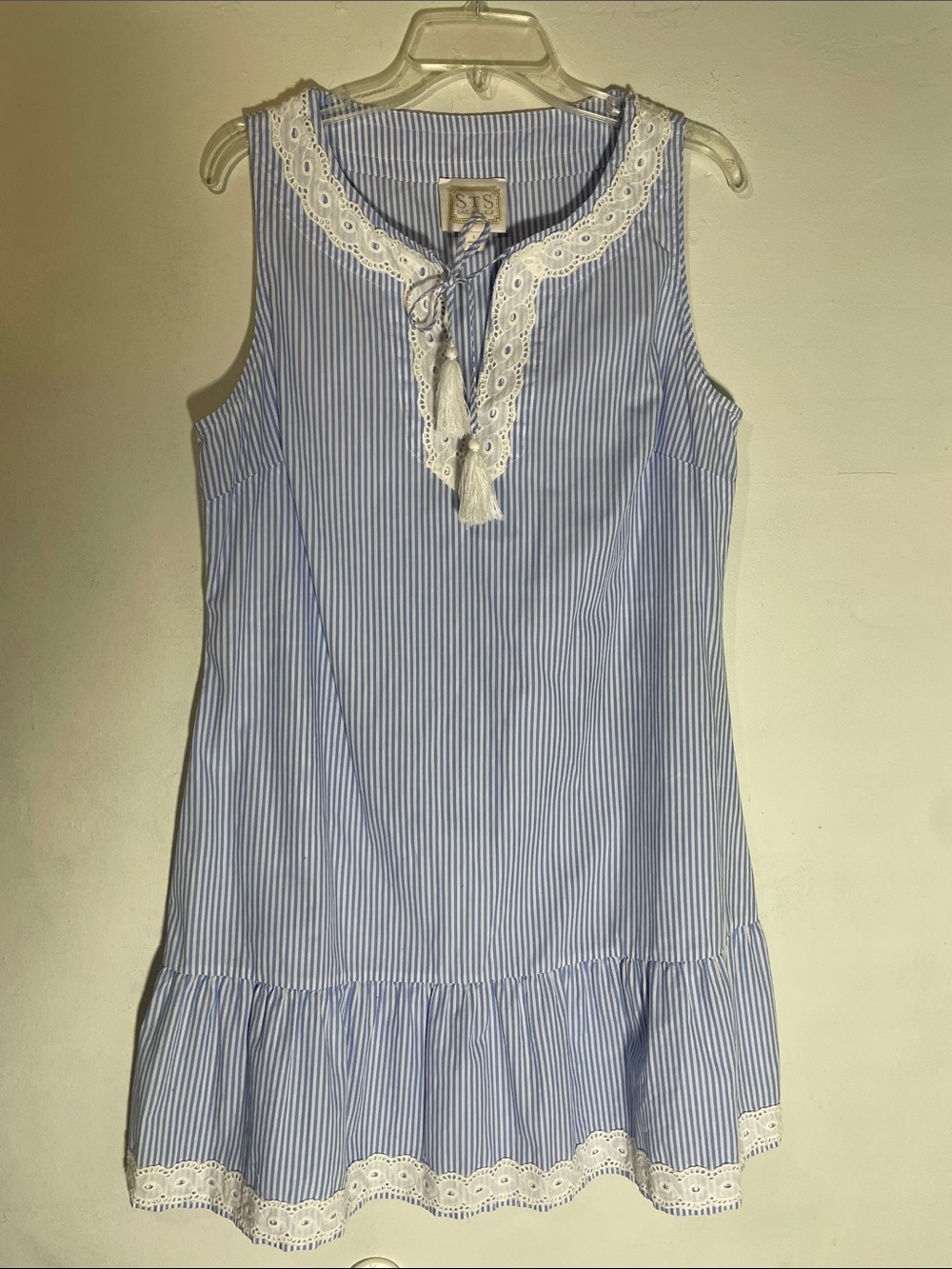 Sail to Sable Coastal Blue & White Striped Ruffle Hem Dress L - Picture 2 of 8